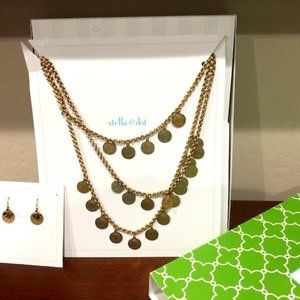 Stella & Dot | Vintage Gold Rio Triple Strand Layered Coin Necklace w/earrings